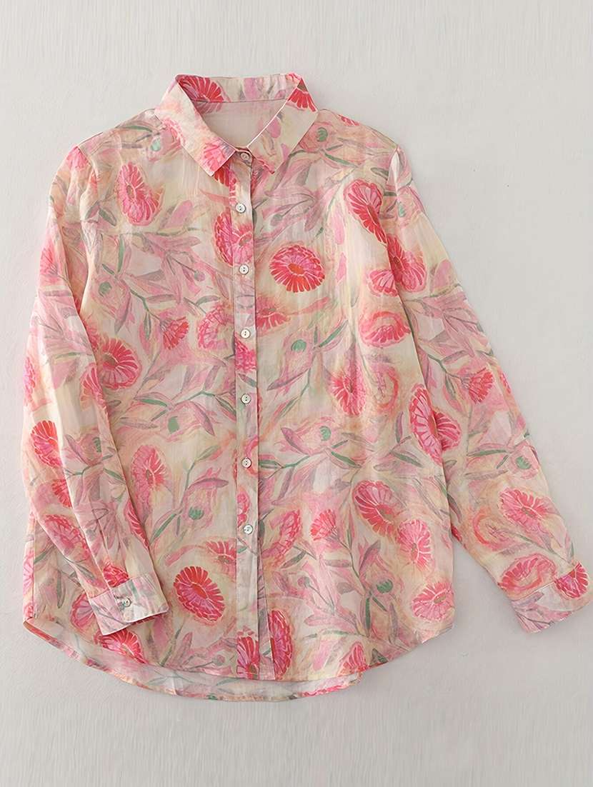 women printed collared long sleeve regular fit shirt