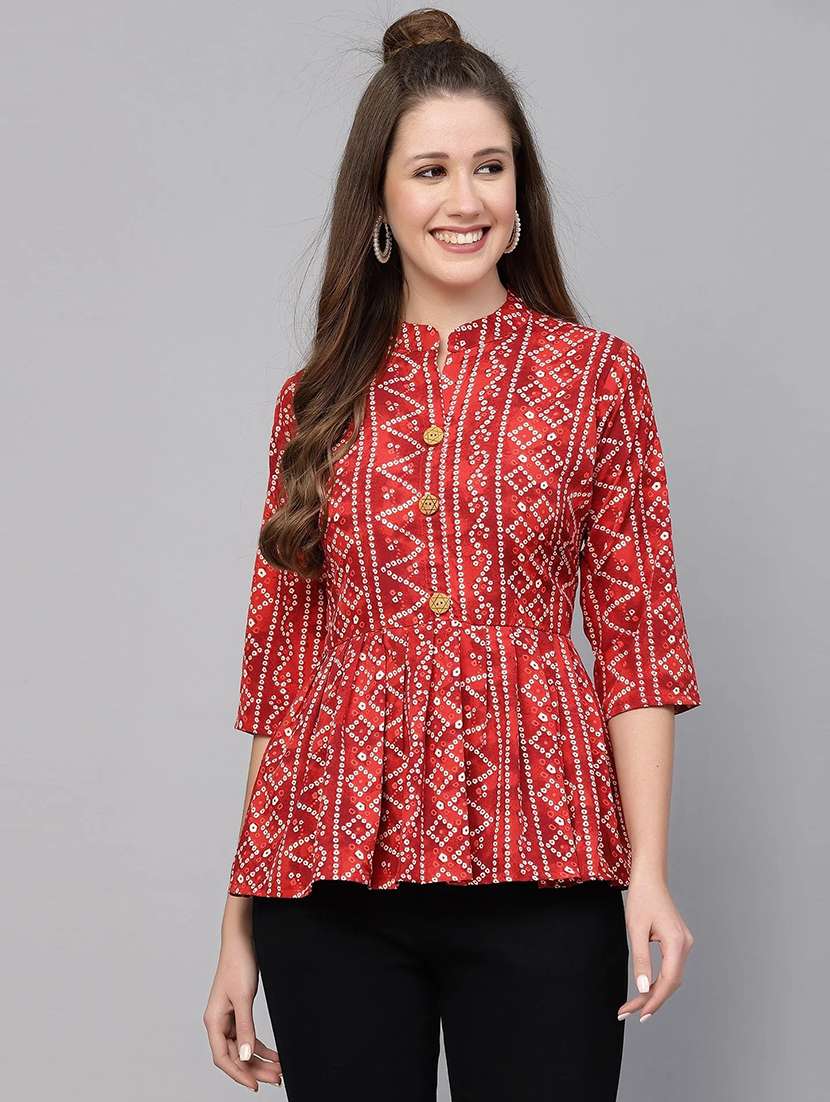women bandhani print three quarter sleeve top