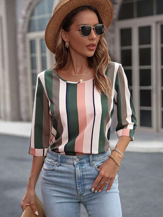 women striped three quarter sleeve regular top - 22142599 -  Zoom Image - 0