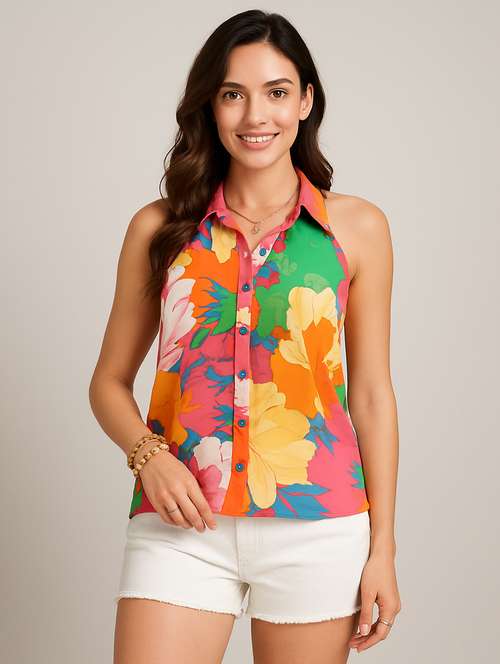 women printed halter neck sleeveless regular top - 22142600 -  Standard Image - 0