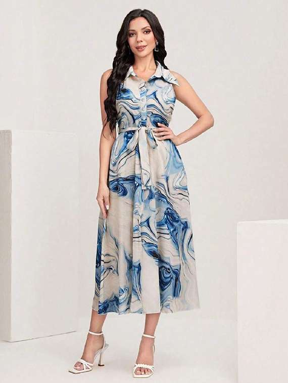 women printed collared sleeveless shirt dress