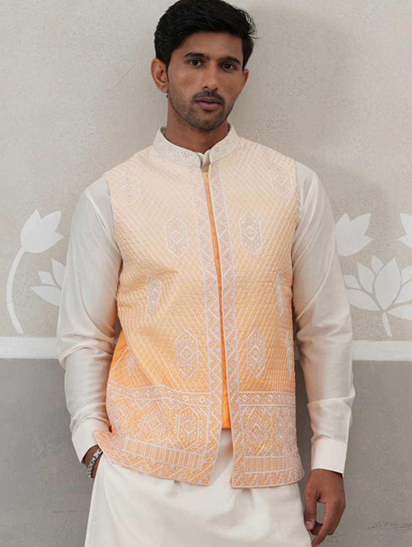 men embroidered mandarin neck nehru jacket