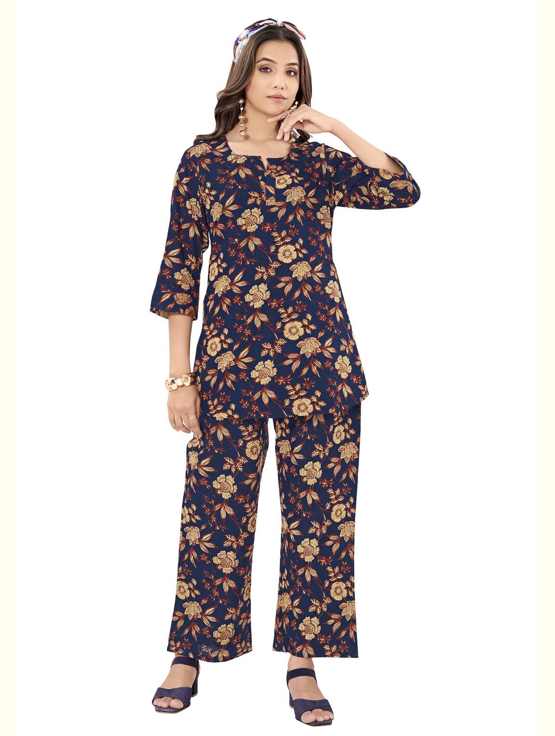 women floral three quarter sleeve ethnic co-ord set