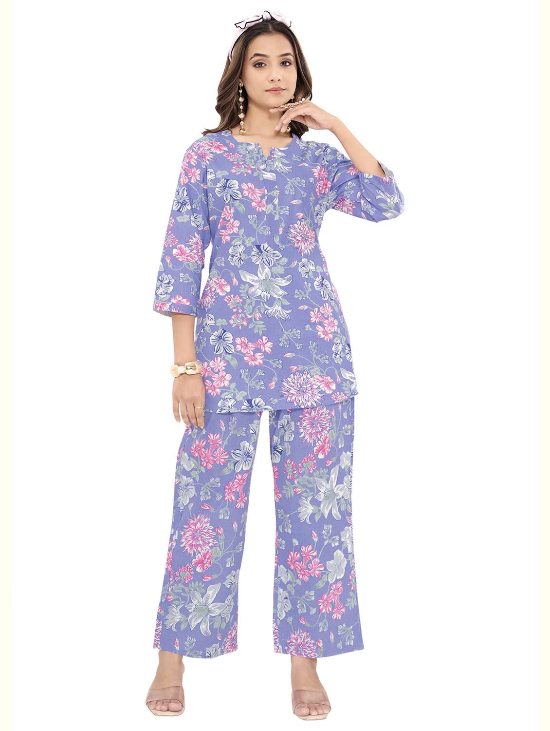 women floral three quarter sleeve ethnic co-ord set