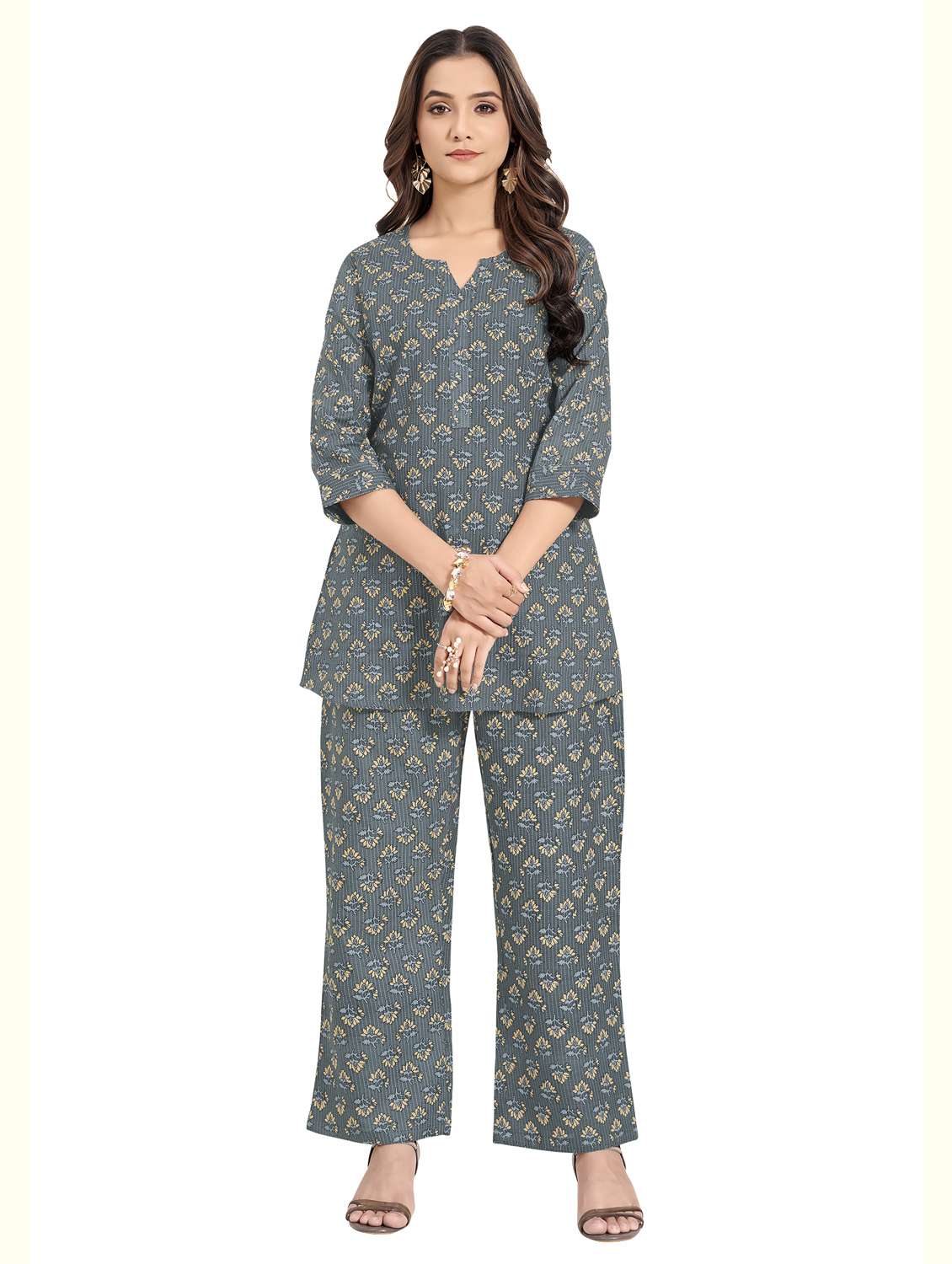 women floral three quarter sleeve ethnic co-ord set - 22142641 - Zoom Image - 0