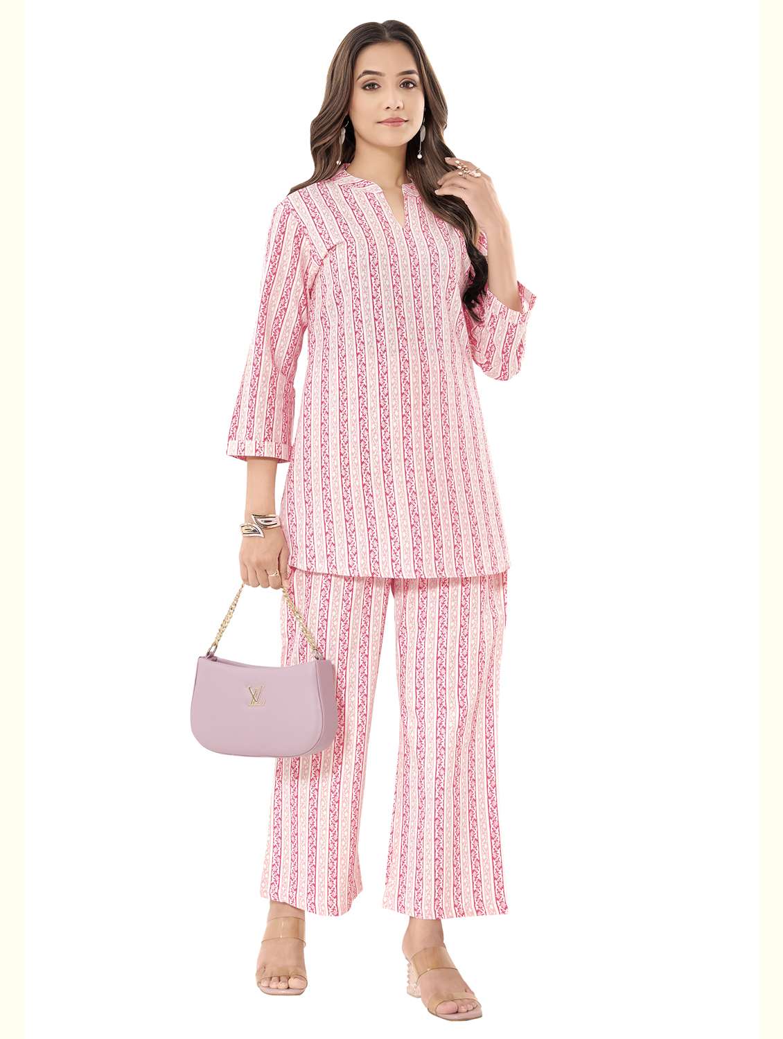 women printed three quarter sleeve ethnic co-ord set