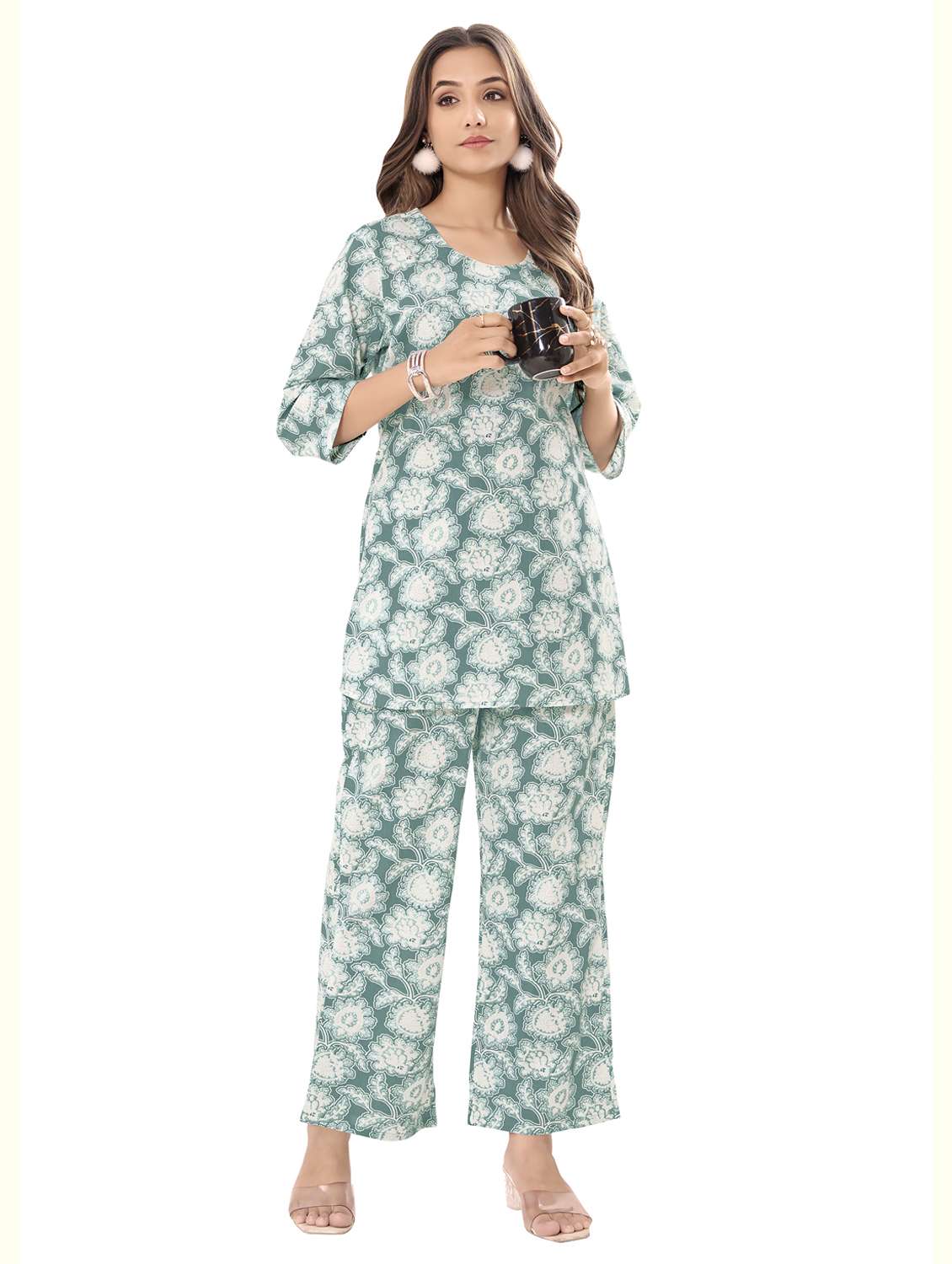 women floral three quarter sleeve ethnic co-ord set
