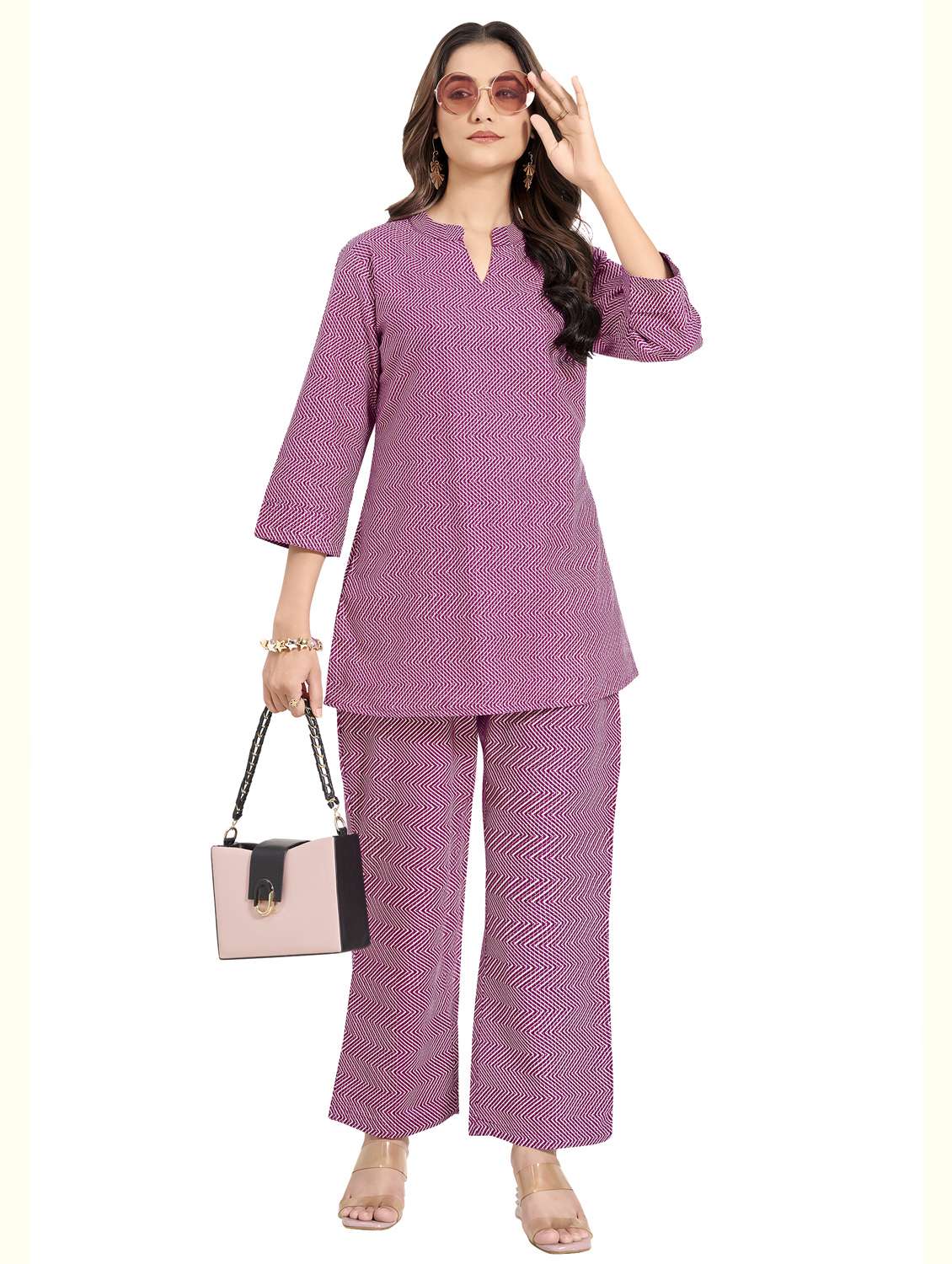 women chevron three quarter sleeve ethnic co-ord set - 22142644 -  Zoom Image - 0