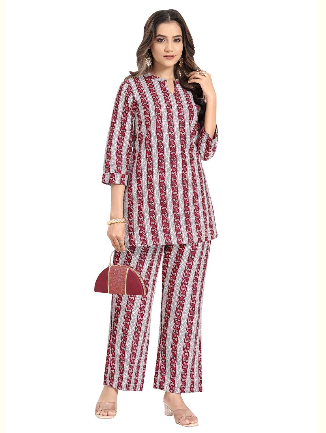 women printed three quarter sleeve ethnic co-ord set