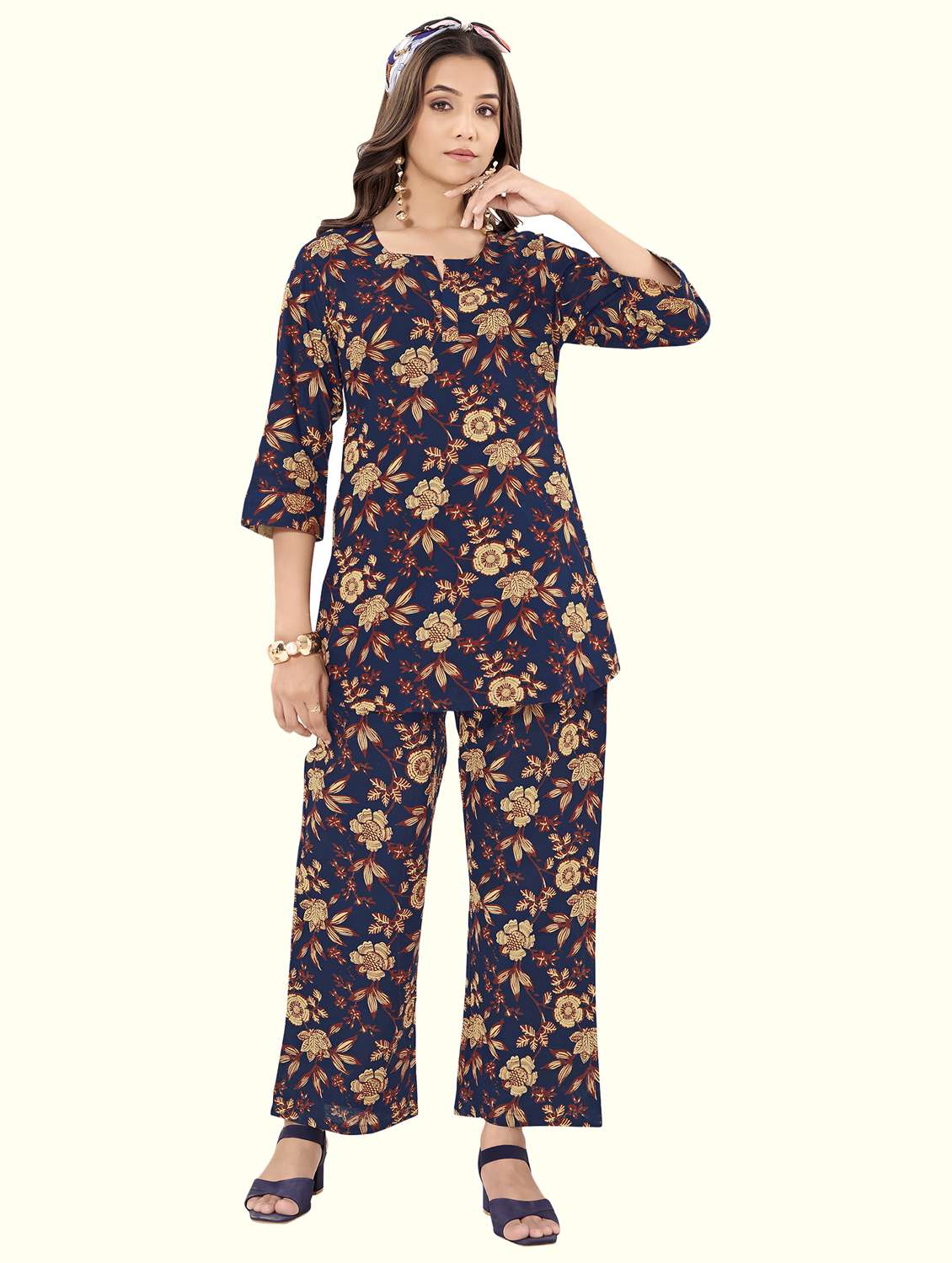 women floral three quarter sleeve ethnic co-ord set