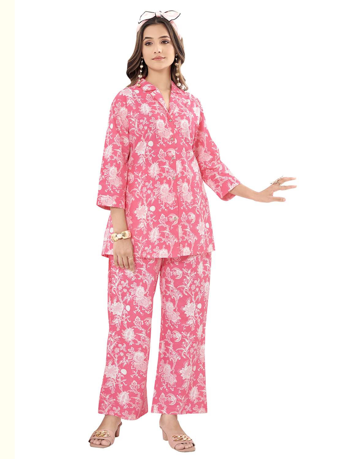 women floral three quarter sleeve ethnic co-ord set