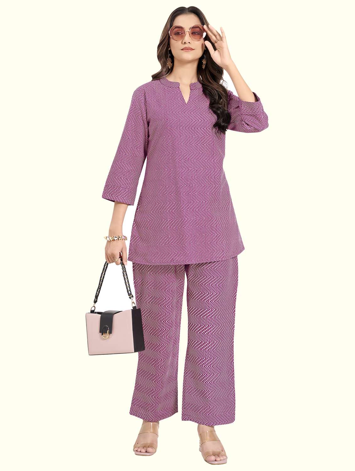 women chevron three quarter sleeve ethnic co-ord set