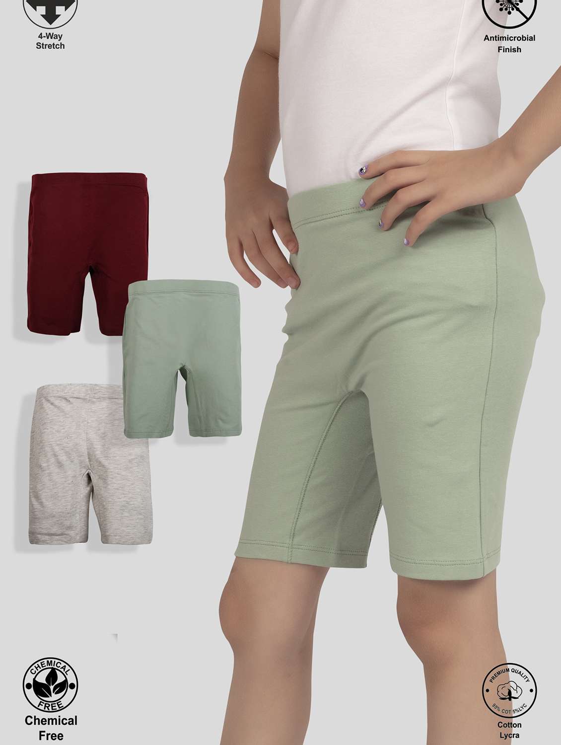 girls pack of 3 solid mid rise three-fourth