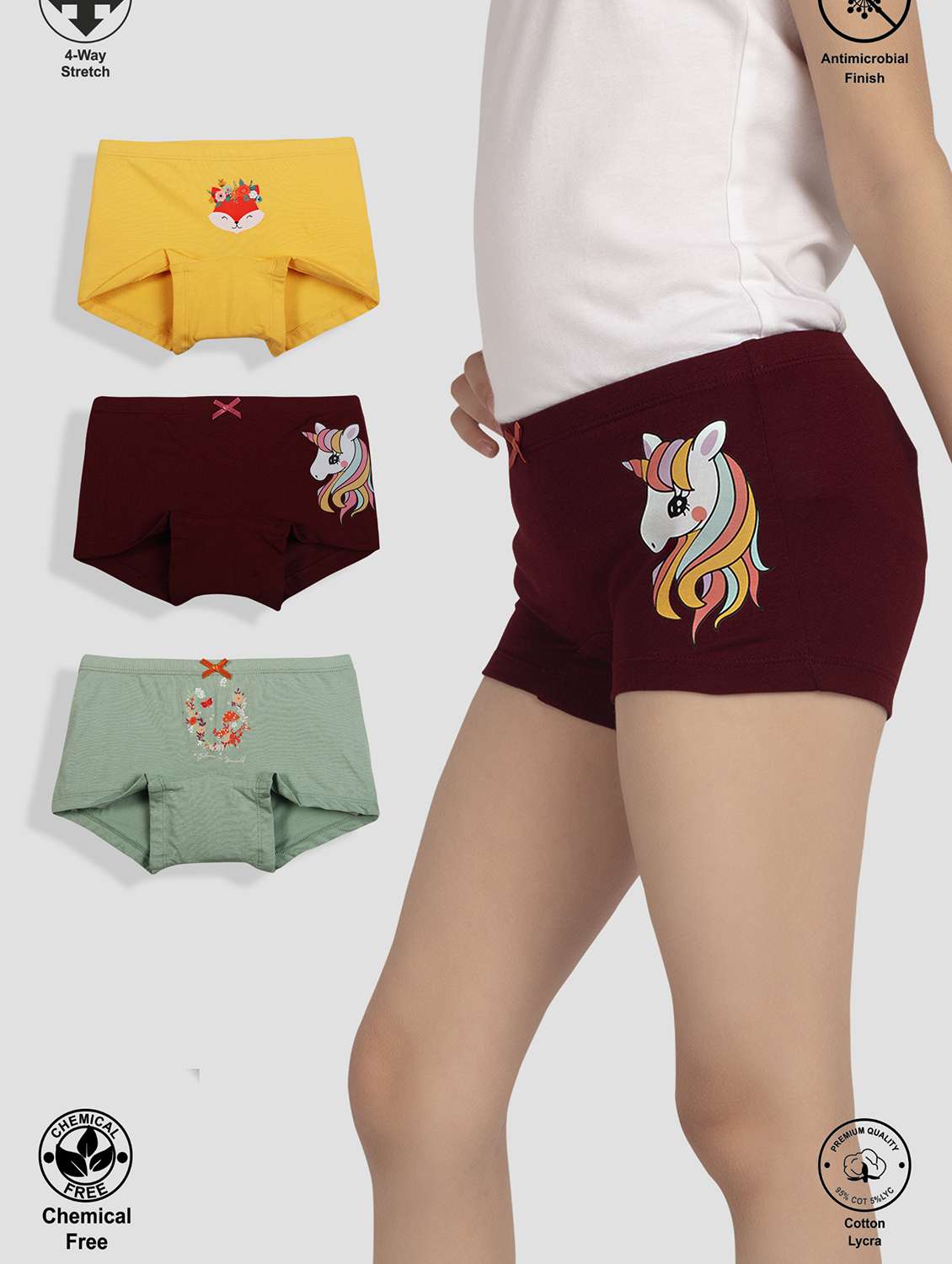 girls pack of 3 printed mid rise bloomer