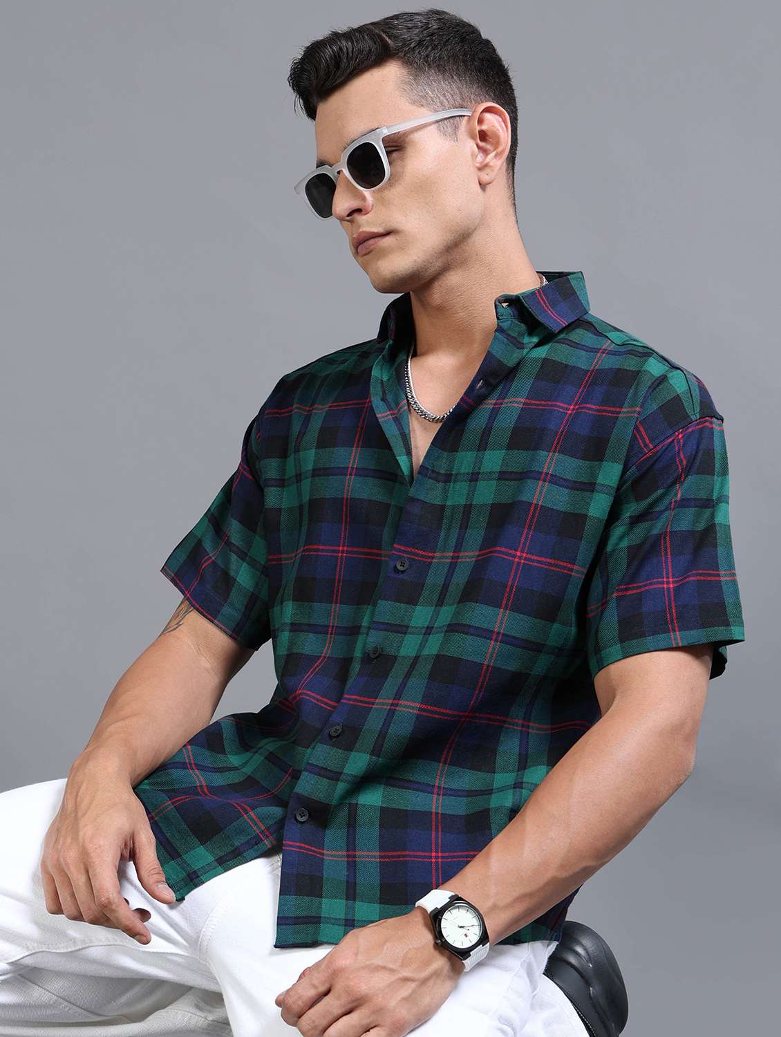men checkered short sleeve oversized casual shirt - 22142771 - Zoom Image - 0