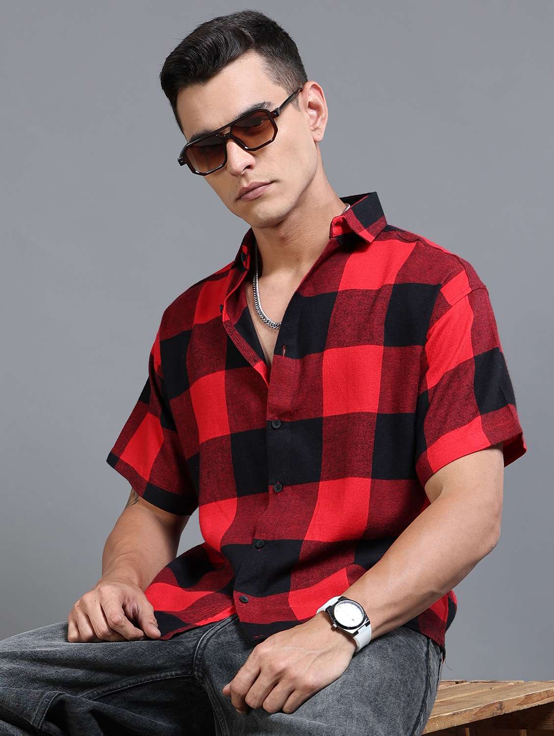 men checkered short sleeve oversized casual shirt
