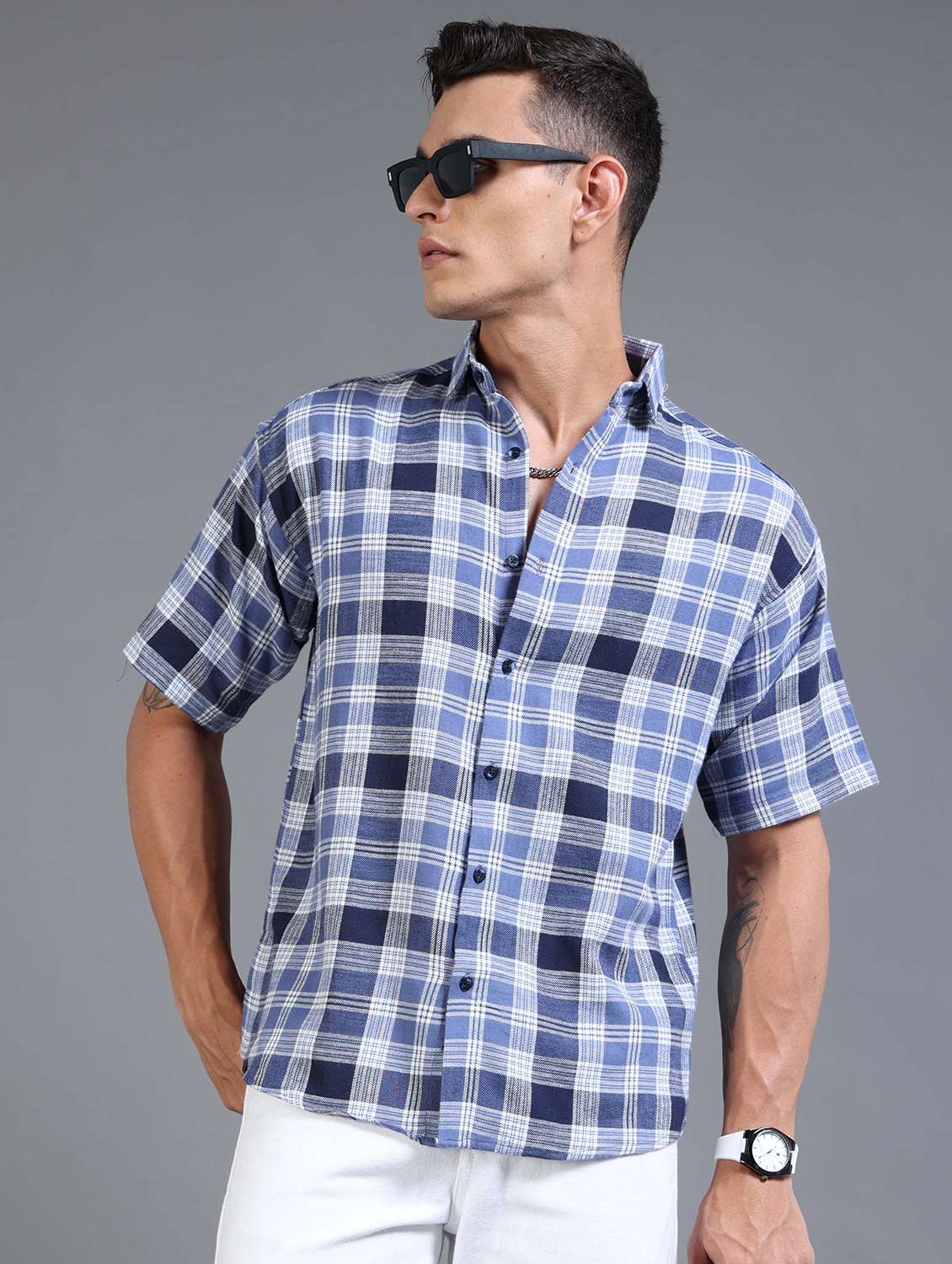 men checkered short sleeve oversized casual shirt