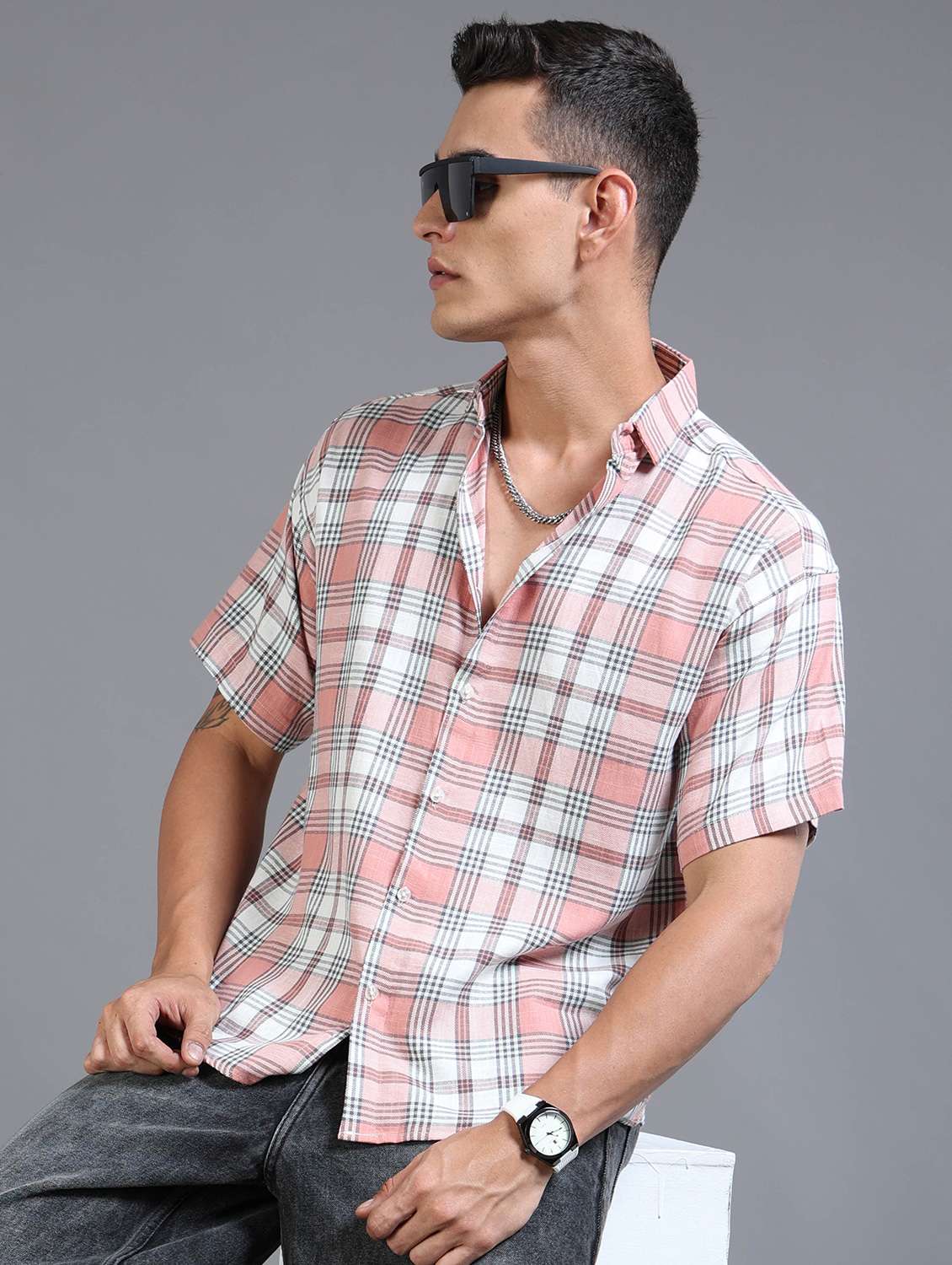 men checkered short sleeve oversized casual shirt