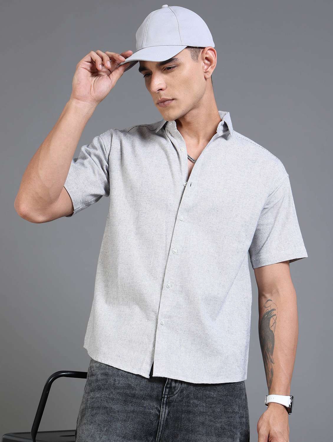 men striped short sleeve oversized casual shirt