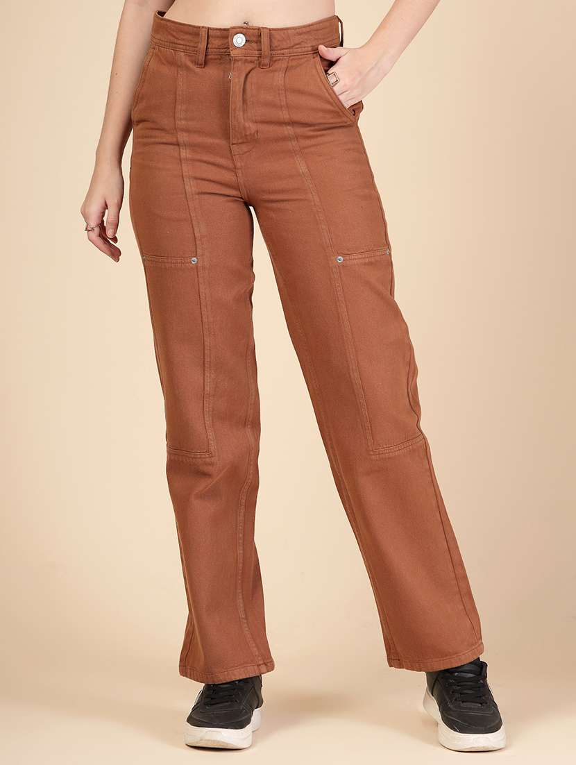 women solid high rise straight fit jean