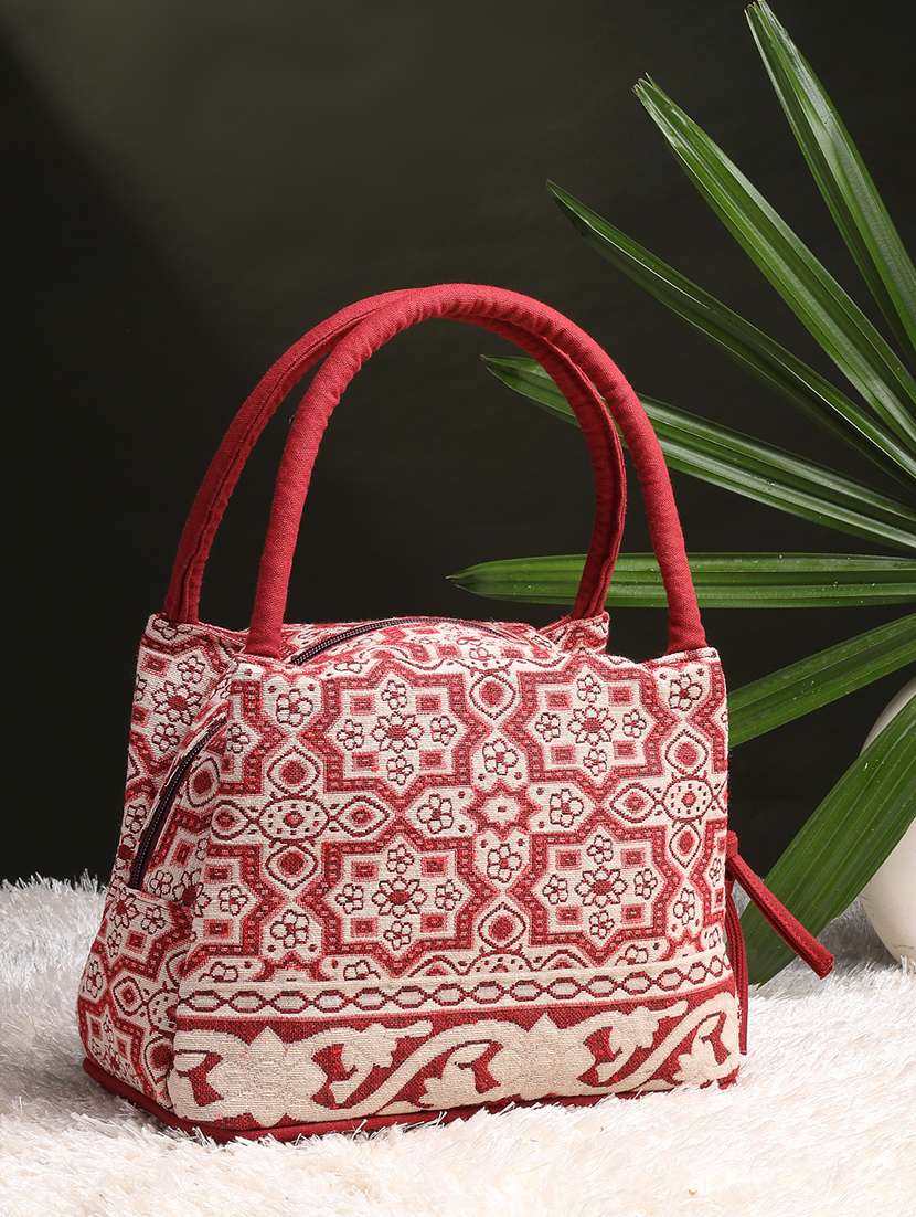 maroon cotton jacquard geometric handheld bag