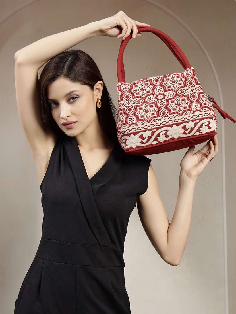 maroon cotton jacquard geometric handheld bag - 22143032 -  Standard Image - 3