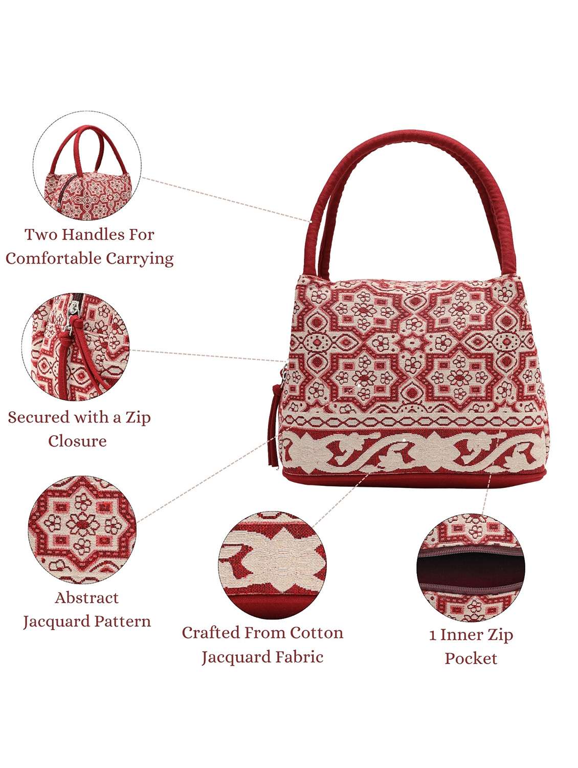 maroon cotton jacquard geometric handheld bag - 22143032 -  Standard Image - 5