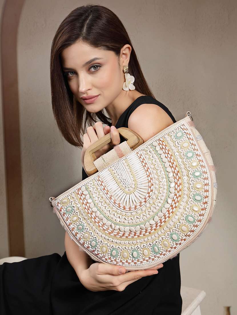 embellished cotton beige handbag with wooden handle - 22143033 -  Standard Image - 3