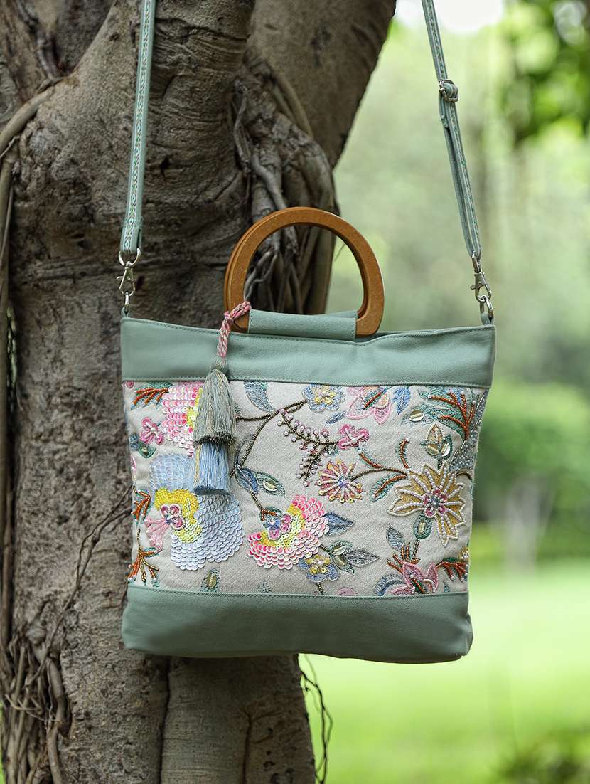 floral embroidered handbag with wooden handles - 22143034 -  Zoom Image - 0