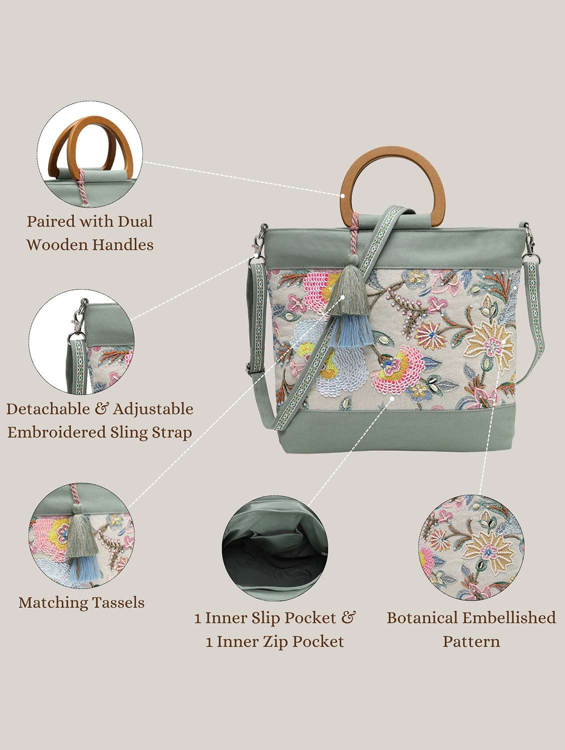 floral embroidered handbag with wooden handles - 22143034 -  Standard Image - 5