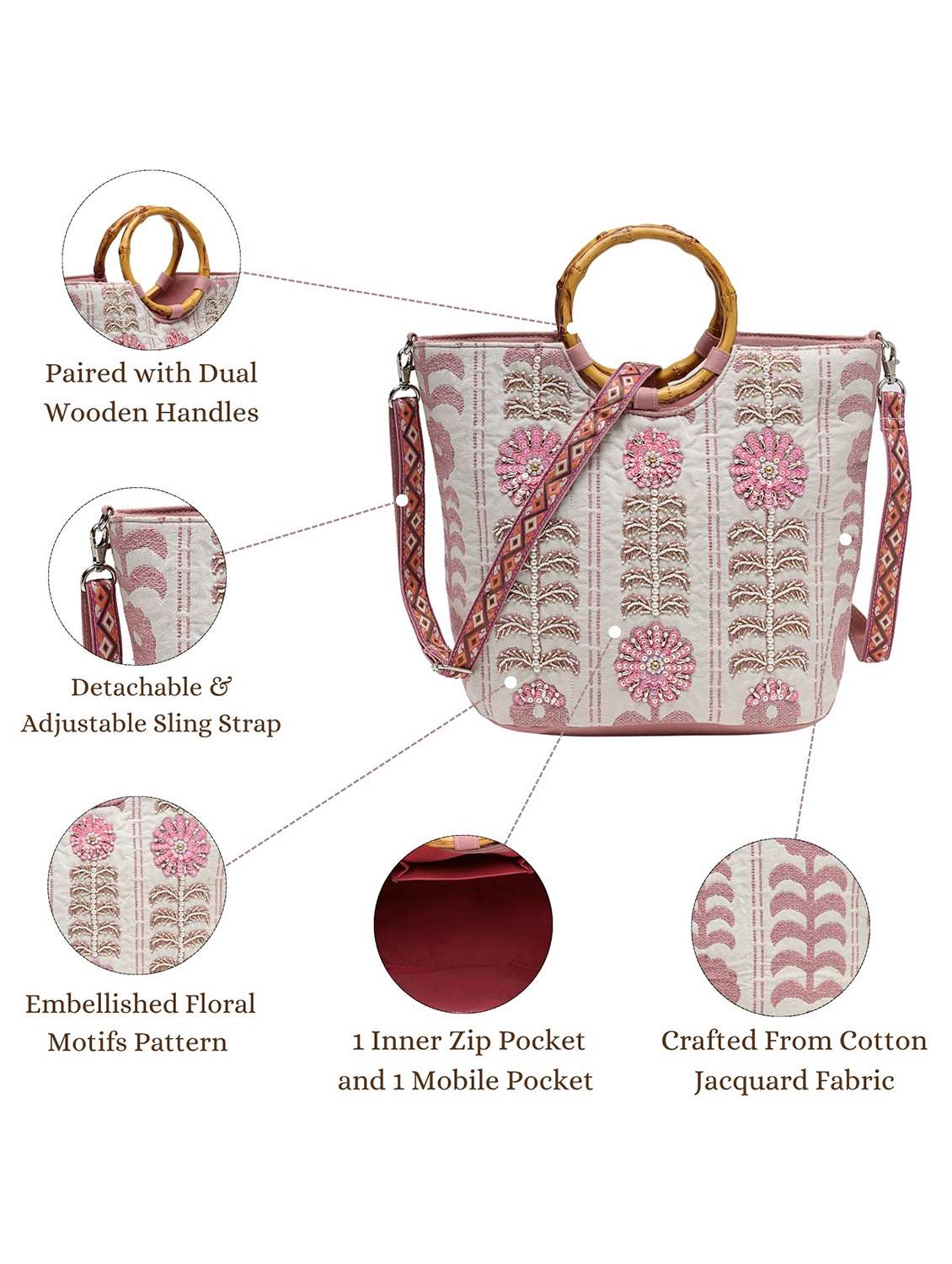 floral cotton handbag with wooden handle - 22143039 -  Standard Image - 5
