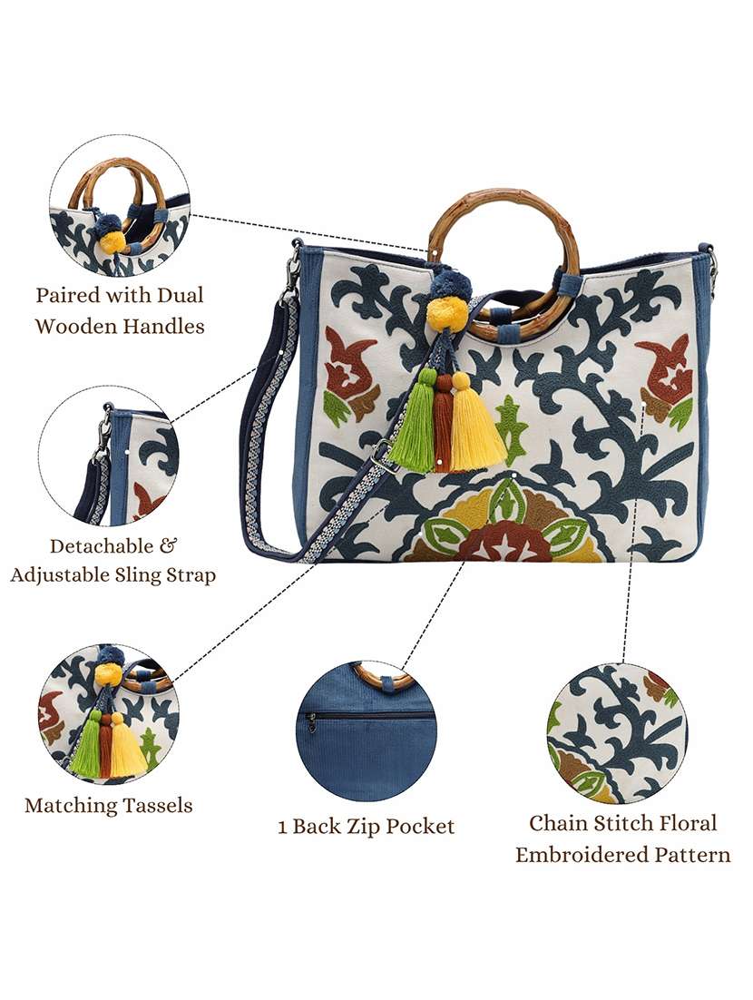 floral embroidered canvas handheld bag with tassels - 22143040 -  Standard Image - 5