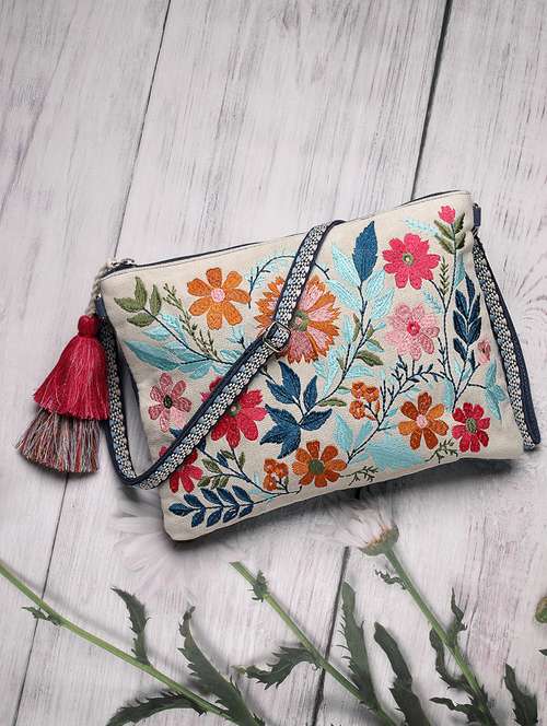 floral embroidery canvas sling bag for women - 22143045 -  Standard Image - 0