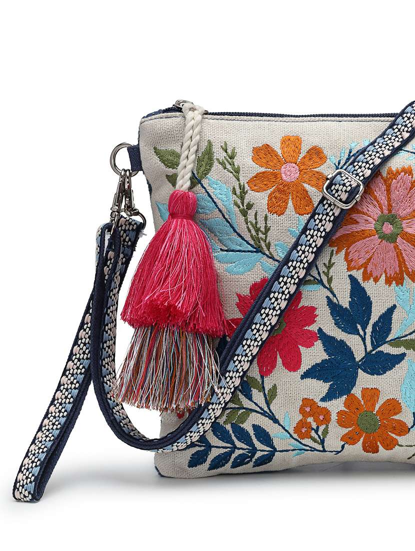 floral embroidery canvas sling bag for women - 22143045 -  Standard Image - 3