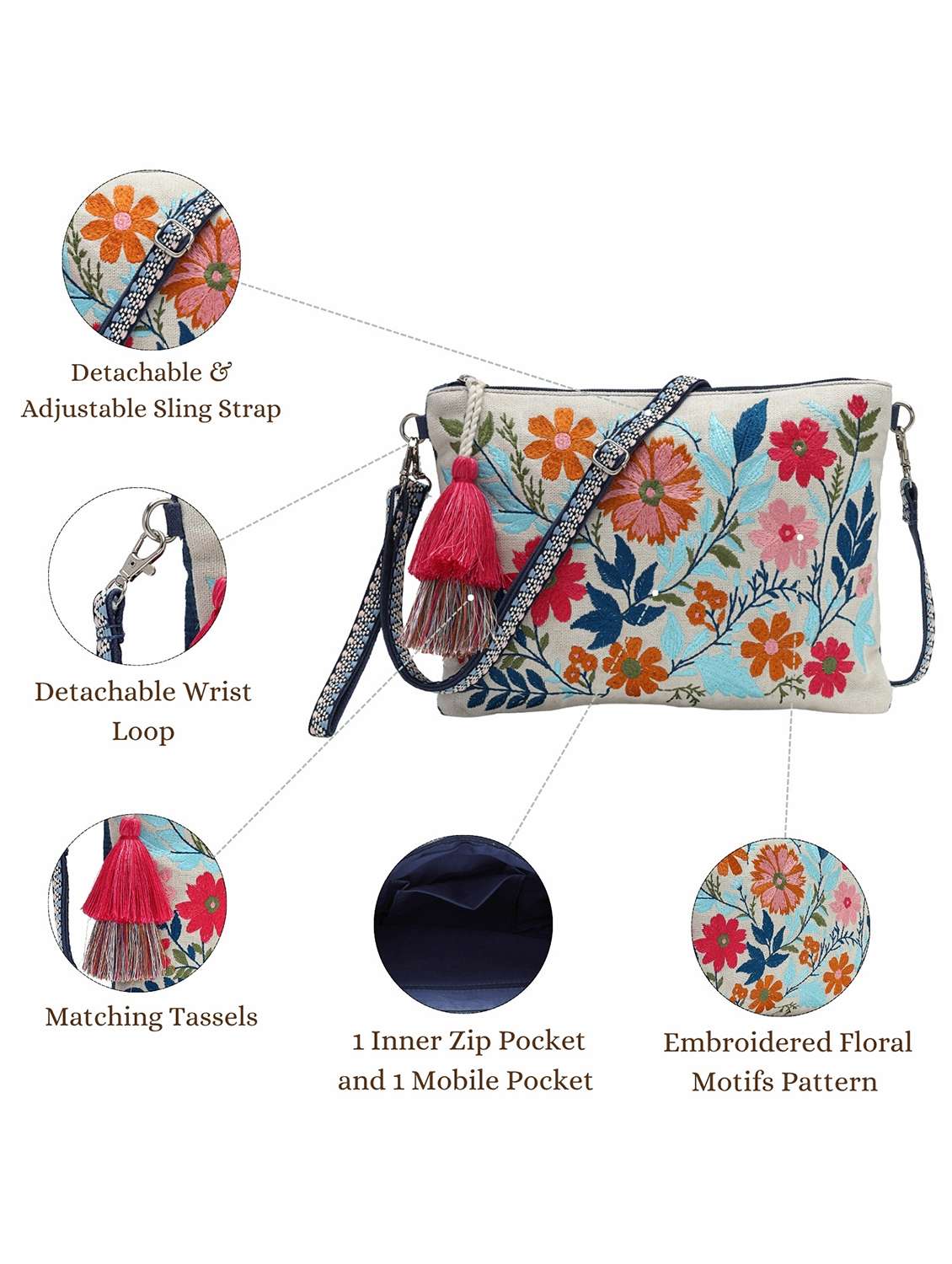 floral embroidery canvas sling bag for women - 22143045 -  Standard Image - 8
