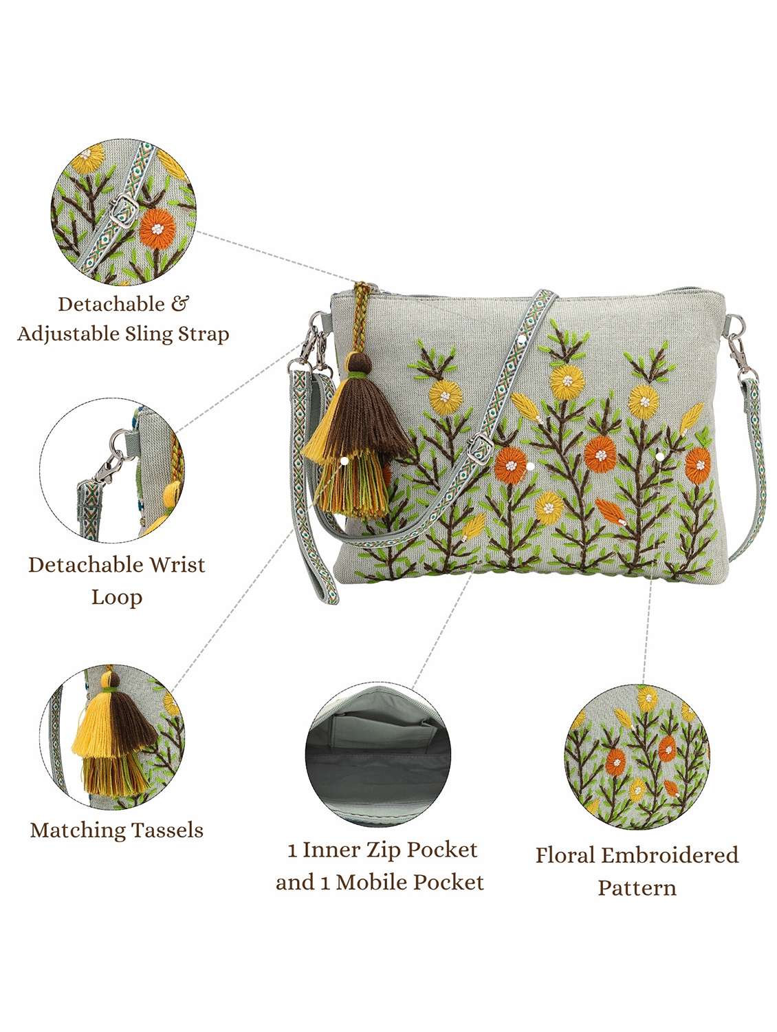 floral embroidered cotton canvas sling bag - 22143046 -  Standard Image - 8