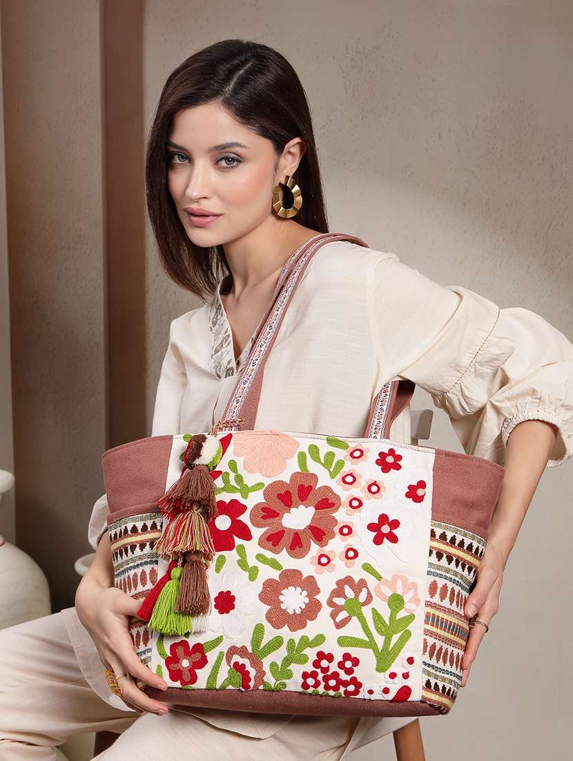floral embroidery cotton acrylic jacquard elegant tote - 22143048 -  Standard Image - 3