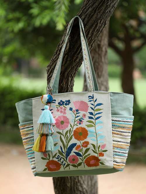 embroidered green floral cotton blend tote bag - 22143049 -  Standard Image - 0