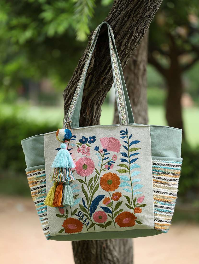 embroidered green floral cotton blend tote bag