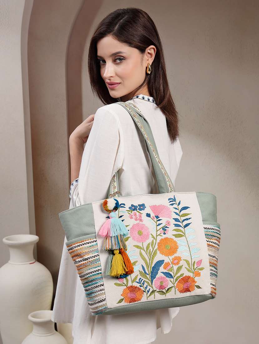 embroidered green floral cotton blend tote bag - 22143049 -  Standard Image - 3