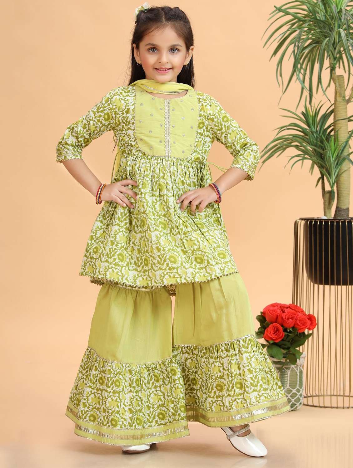 girls printed kurta and sharara with dupatta set
