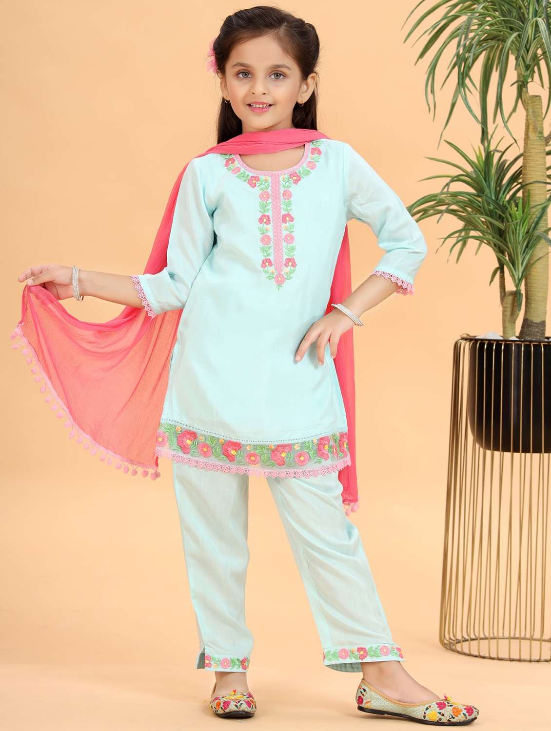 girls embroidered kurta and pant with dupatta set