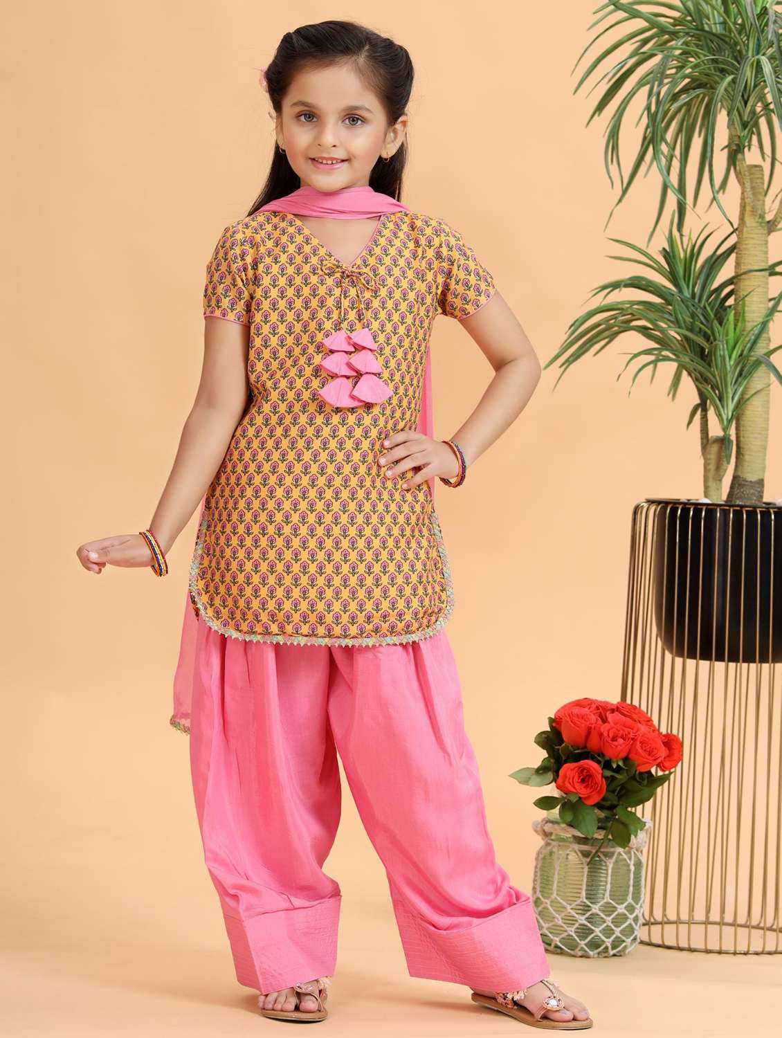 girls printed kurta and salwar with dupatta set