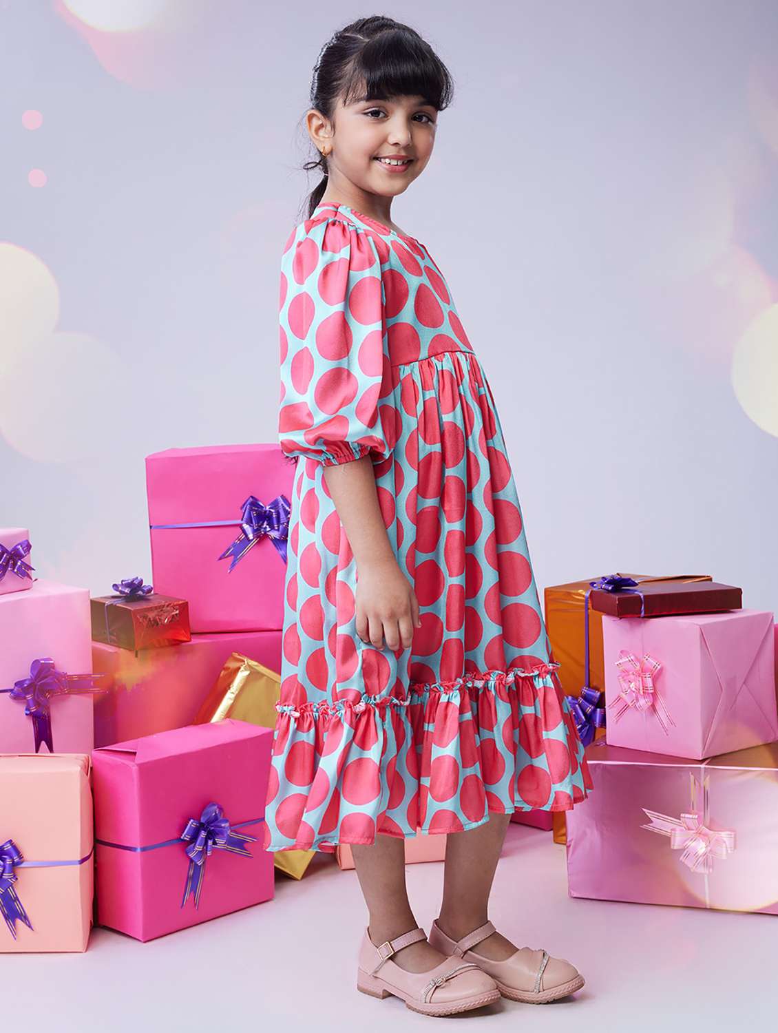 girls polka doted puff sleeve tiered dress - 22143148 -  Standard Image - 3