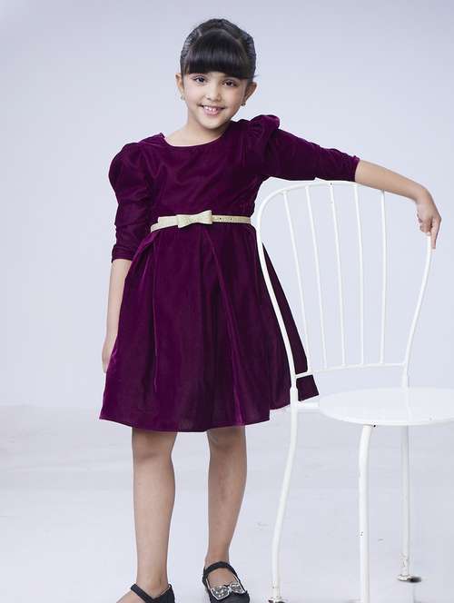 girls solid puff sleeve fit & flared dress - 22143150 - Standard Image - 0