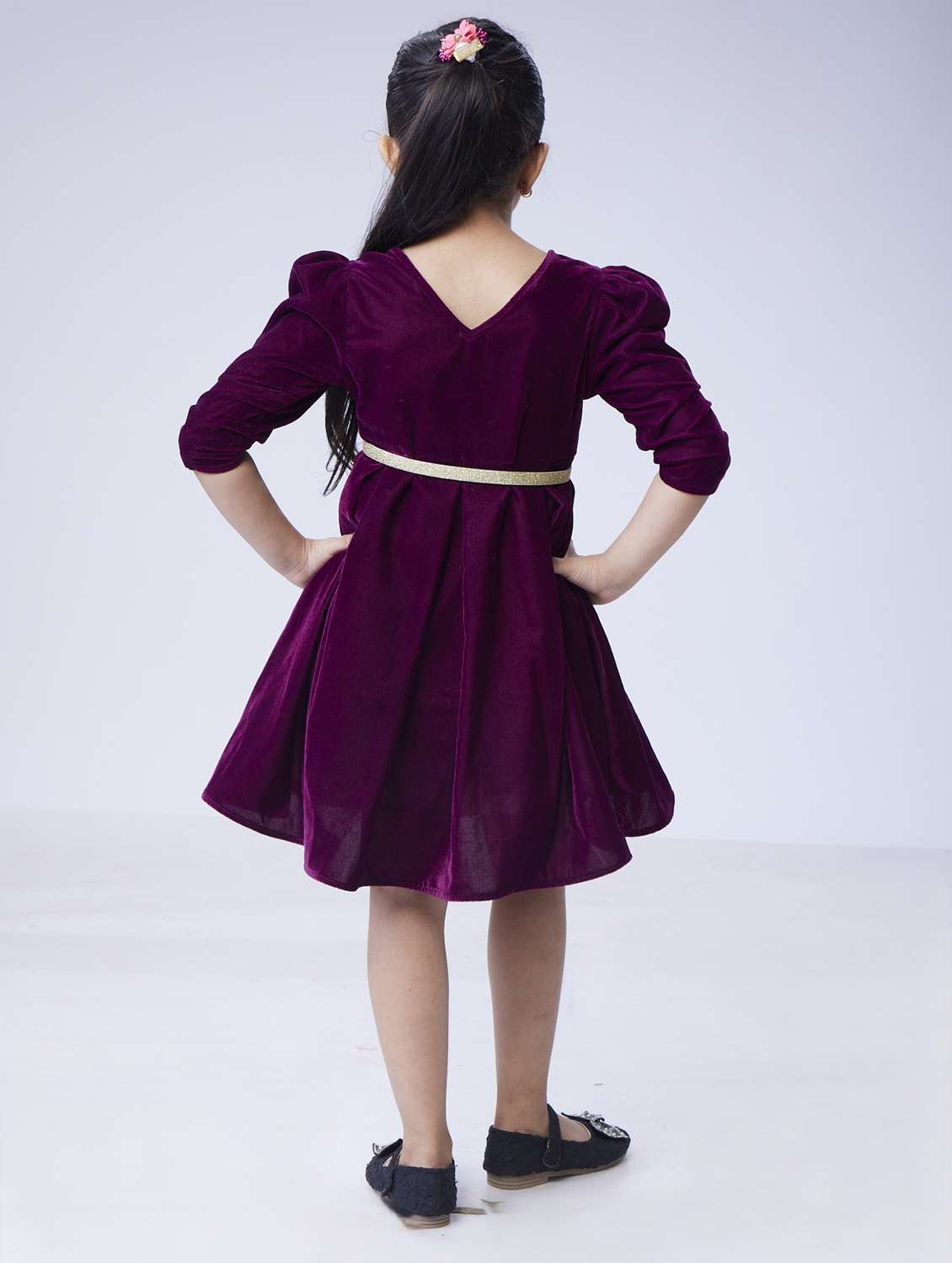 girls solid puff sleeve fit & flared dress - 22143150 - Standard Image - 3