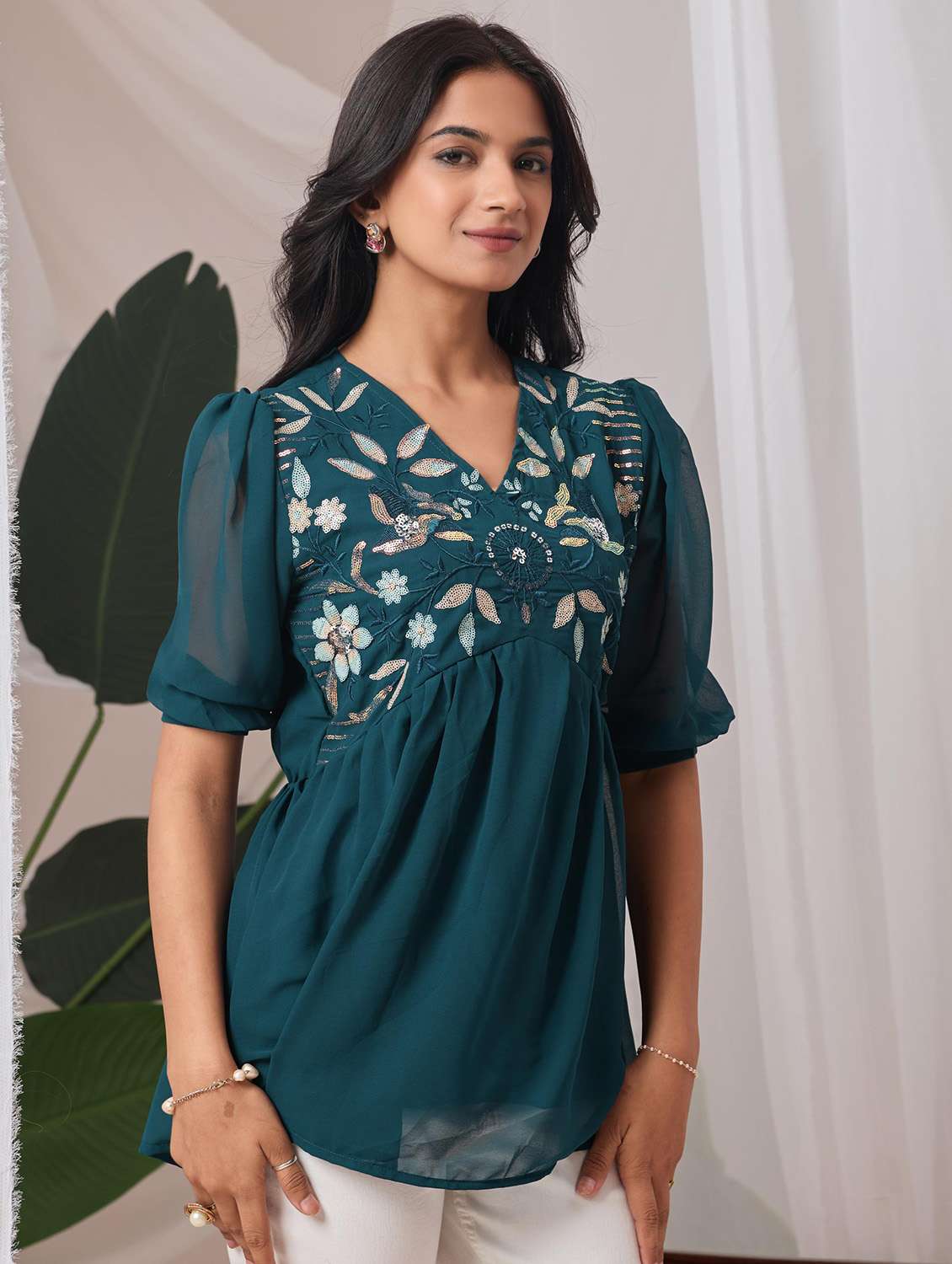 women embroidered puff sleeve a line top - 22143329 - Zoom Image - 0