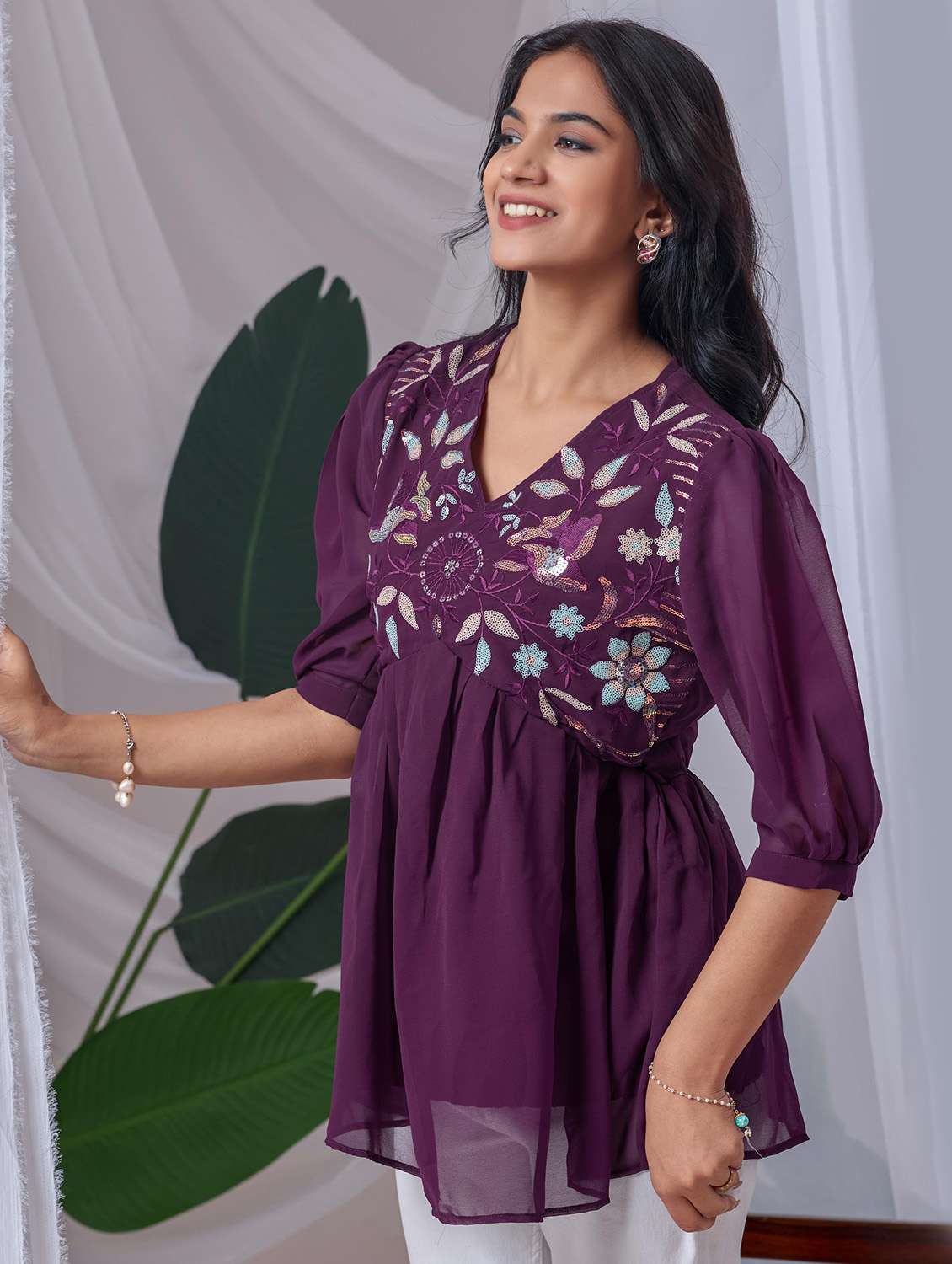 women embroidered puff sleeve a line top - 22143332 - Zoom Image - 0