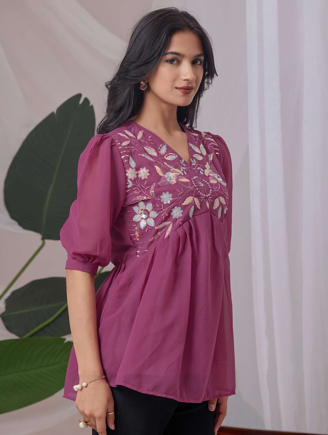women embroidered puff sleeve a line top - 22143334 - Zoom Image - 0