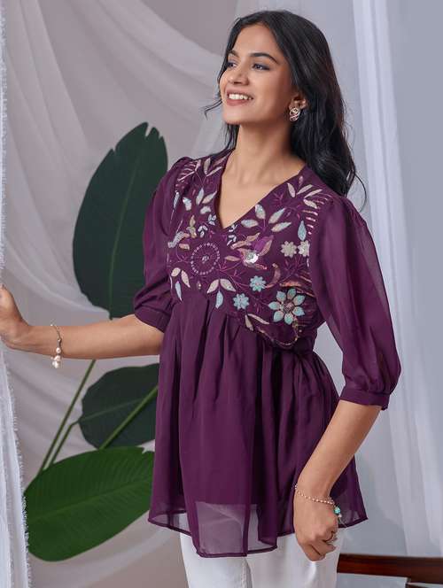 women embroidered puff sleeve a line top - 22143336 - Standard Image - 0